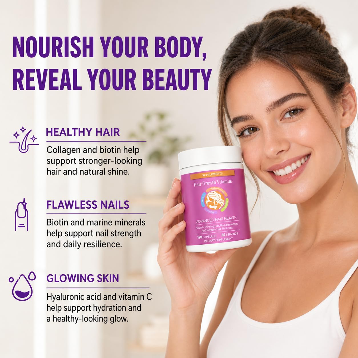 ZYXN Biotin | Collagen | Hyaluronic Acid Supplement, Clinically Proven Hair Growth Support, Skin and Nails, 25000 mcg Vitamins B2, B3, B6 & B7 + B1 & Keratin Women & Men (120 Count (Pack of 1))