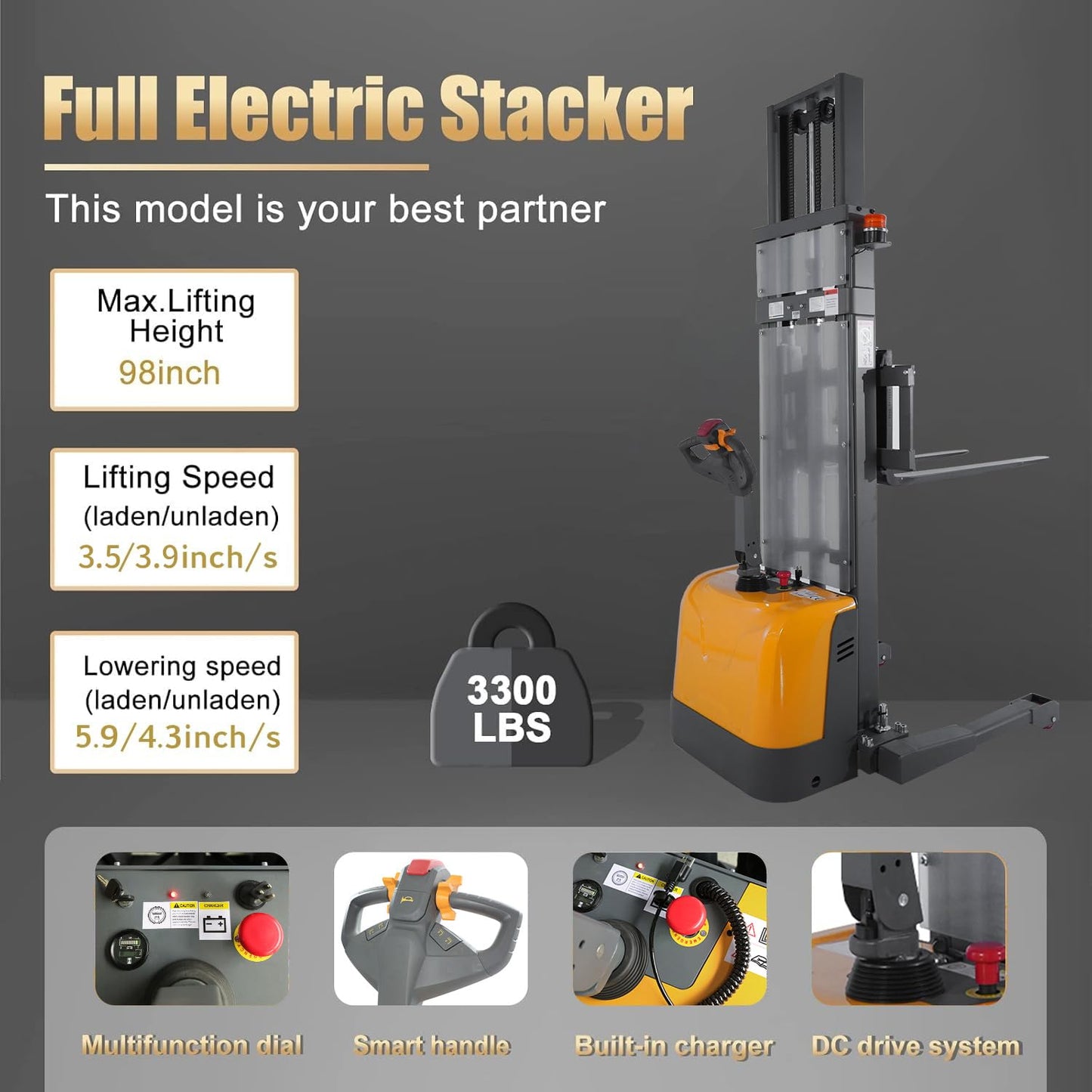 Aequanta Electric Pallet Stacker Drive Pallet Forklift with Straddle Legs Material Lifter Adjustable Forks 3300lbs Cap. 98" Max Lift Height