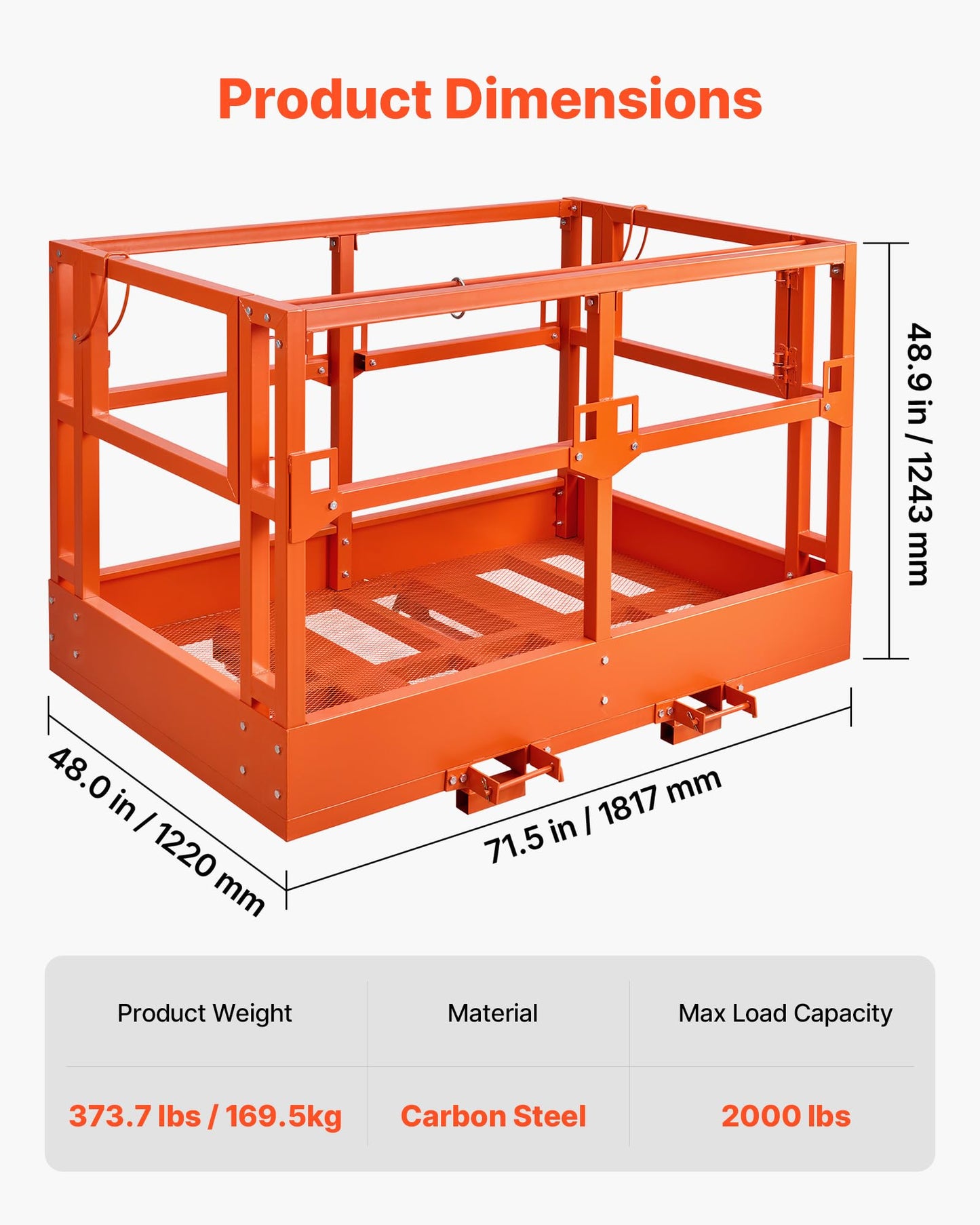 VEVOR Mesh Telehandler Work Platform, 48 x 71.5 Inch Man Safety Basket, 2000 lbs Capacity Forklift Telehandler Attachment, Safety Cage, Heavy Duty Carbon Steel, for Most Aerial Jobs Lifting Loader
