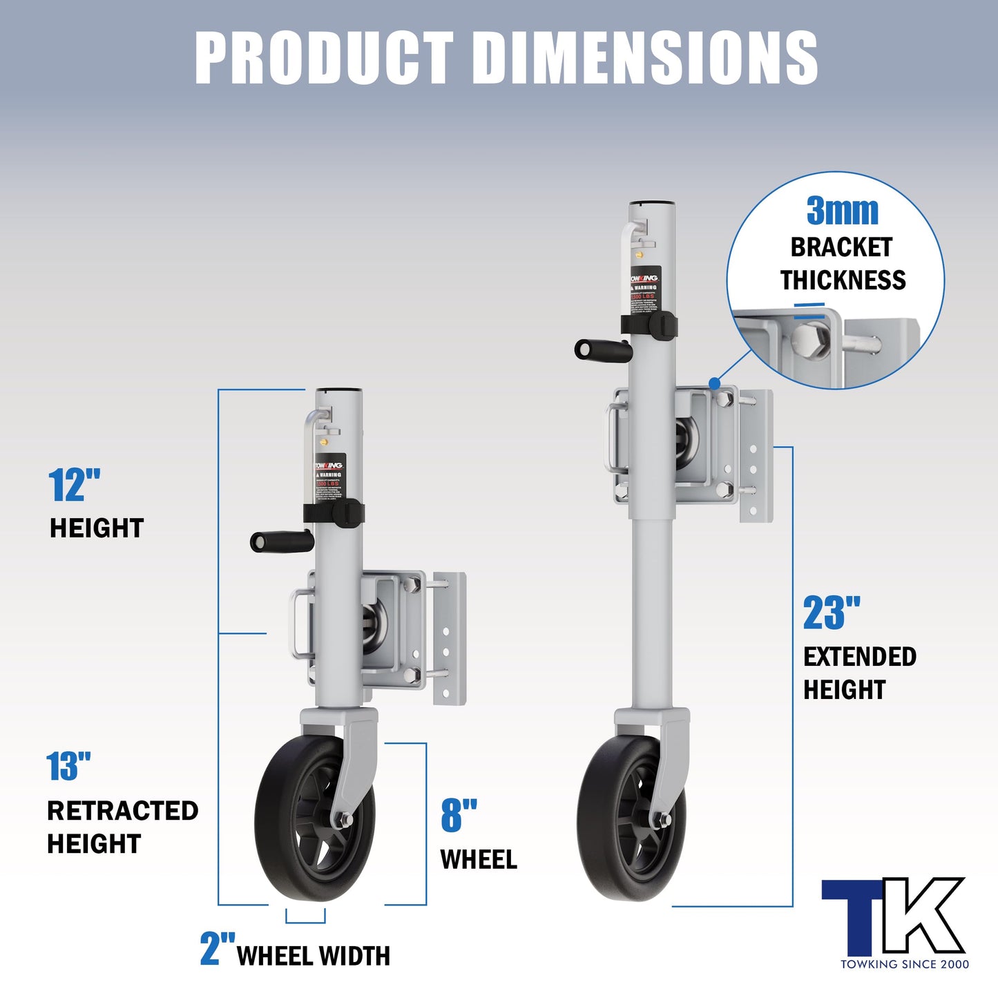 TOWKING 8" Spoke Wheel Trailer Jack, 10" Vertical Movement, 1500 lbs, for RV, Boat, Trailer and More, Silver