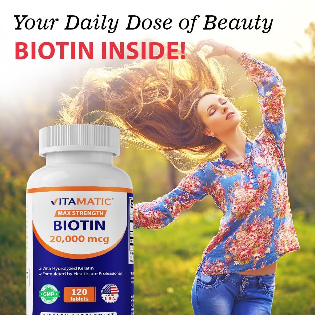 Vitamatic High Potency Biotin 20000 mcg (20mg) with Keratin 100mg - 120 Tablets - Biotin Supplements for Healthy Hair Skin & Nails for Adults (120 Count (Pack of 1))