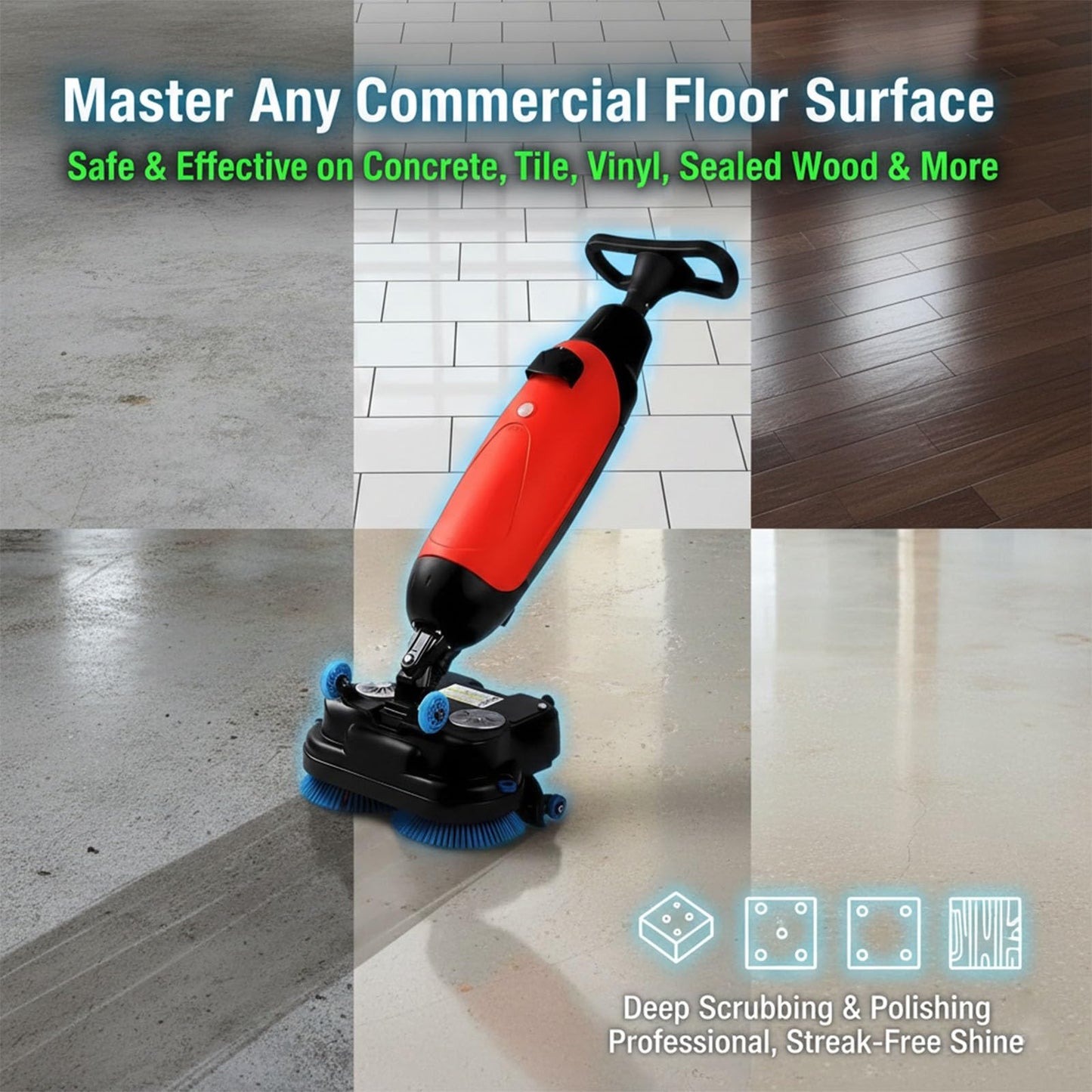 Efficieran Commercial Floor Washer And Buffer, Walk Behind Electric Floor Scrubber Machine For Concrete, Vinyl And Luxury Wood, 360° Rotating Head Portable Cleaner, Cordless