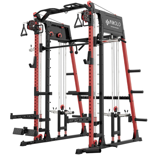 Mikolo M4 2.0 Ultra Smith Machine, Multi-Function Squat Rack with LAT-Pull Down System & Cable Crossover Machine, Training Equipment with Leg Hold-Down Attachment, Red