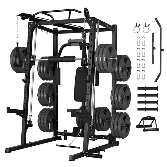 Garvee 2000LBS Smith Machine Home Gym, Multi-Function Power Cage Squat Rack with Cable Crossover & LAT Pulldown, Strength Training Equipment with 8 Weight Storage Pins and More (Plates Not Included)