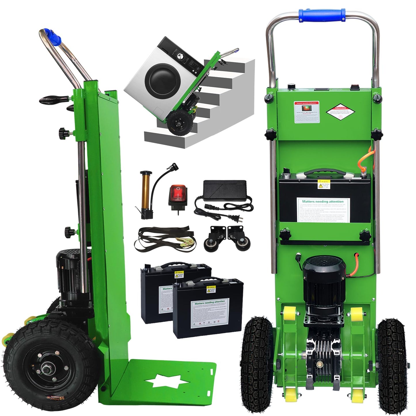 Electric Stair Climbing Dolly, Easy Up/Down with Solid Rubber Tires, 880lbs Capacity Heavy Duty, 1500W Electric Stair Climbing Hand Truck for Moving Logistics Distribution (Green 2 Batteries)