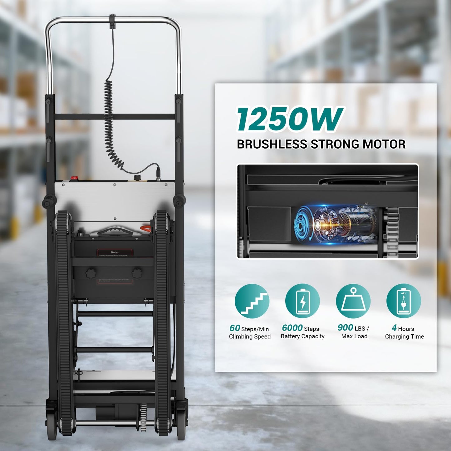 Electric Stair Climbing Dolly, 1250w Electric Hand Trucks Foldable, Large Capacity Stair Climbing Hand Trucks Dolly Cart with 4m Safety Rope, for Mobile Furniture Logistics Warehouse (Black+Silver)