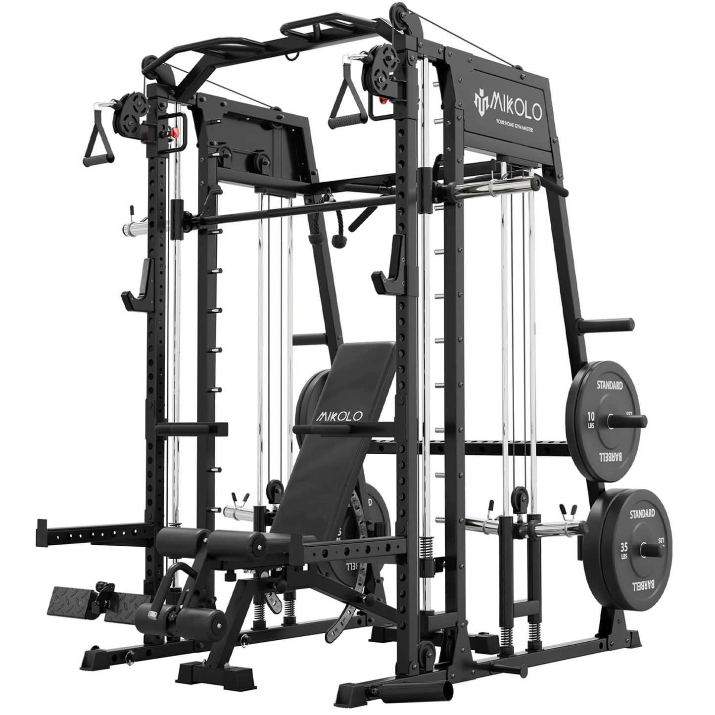 Mikolo M4 2.0 Standard Smith Machine with 230 lbs Bumper Weight Plates, Multi-Function Squat Rack with LAT-Pull Down System & Cable Crossover Machine, Home Gym Equipment, Black