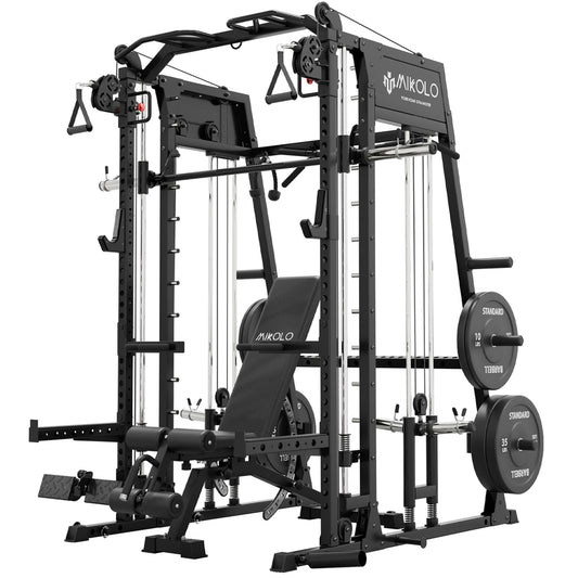 Mikolo M4 2.0 Standard Smith Machine with 230 lbs Bumper Weight Plates, Multi-Function Squat Rack with LAT-Pull Down System & Cable Crossover Machine, Home Gym Equipment, Black