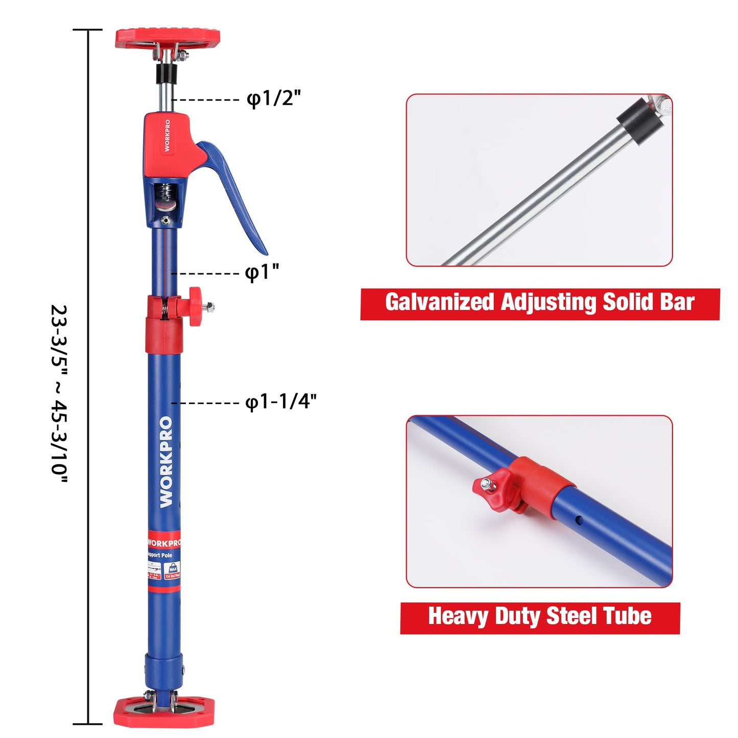 WORKPRO Cabinet Jack Support Pole, 23-5/8" to 45-1/4" Steel Telescopic Quick Support Rod Adjustable 3rd Hand Support System with 154 lbs Capacity for Cabinet Jack, Drywall Jack& Cargo Bars, 2-Pack