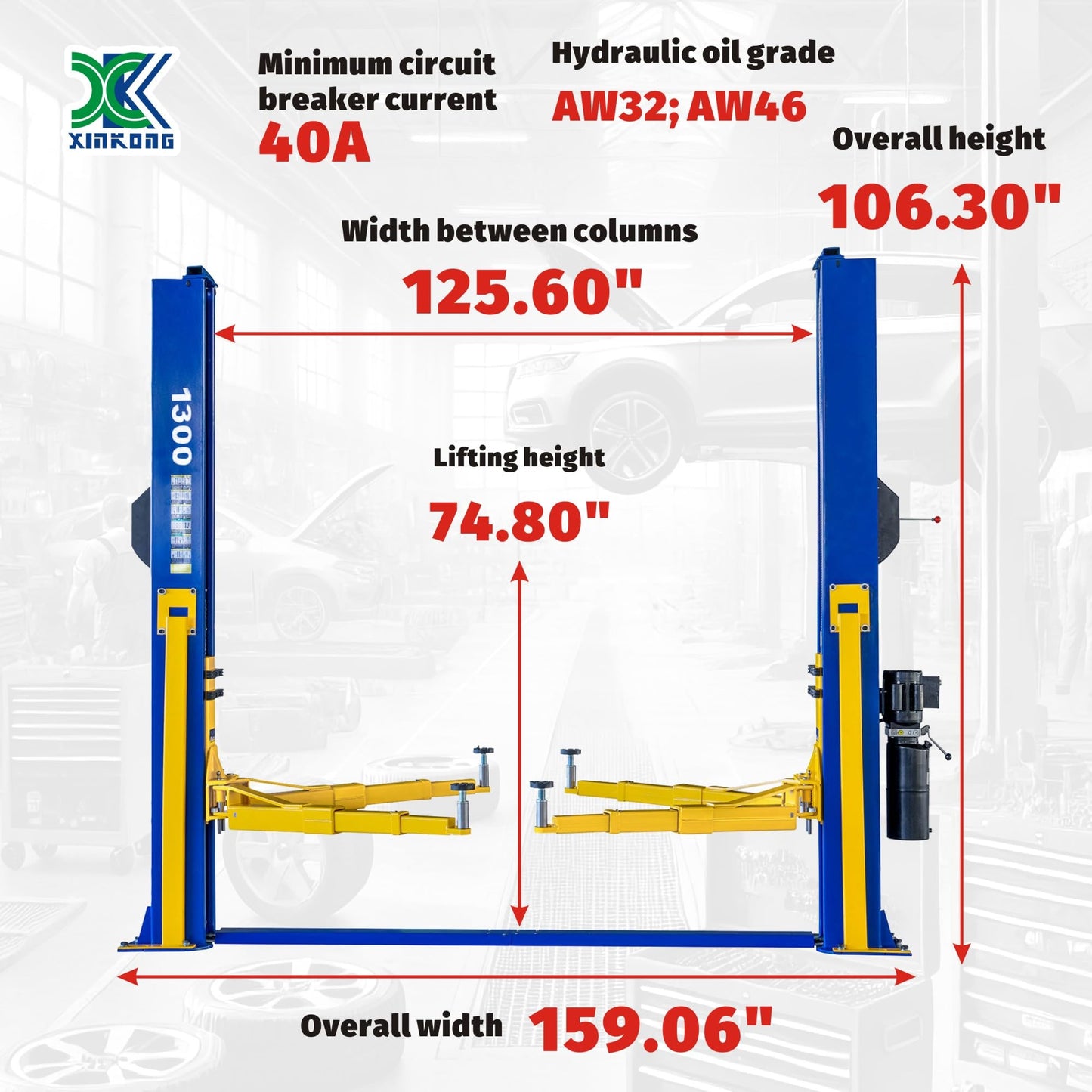 XK-1300 Auto Lift 220V Car Lift 3+3 Enhanced Lifting Arm Capacity 13000 Lbs Two Post Truck Hoist with 36 Months Parts Replacement