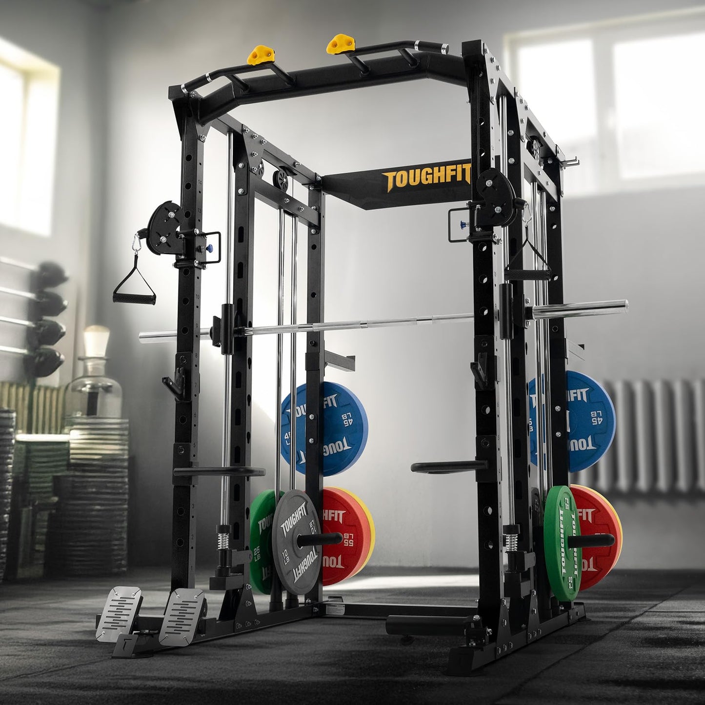 ToughFit F4 Smith Machine, Power cage with Adjustable Cable Crossover System, All-in-One Squat Rack Training Equipment for Home Gym