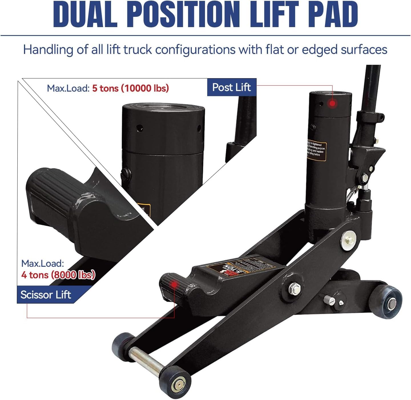 MutsMover 5 Ton Hydraulic Forklift Jack, Dual Position Heavy Duty Service Jack for Forklift & Truck Maintenance, 10,000 lb Capacity, High & Low Profile Lifting Range 2.7–28.7 in