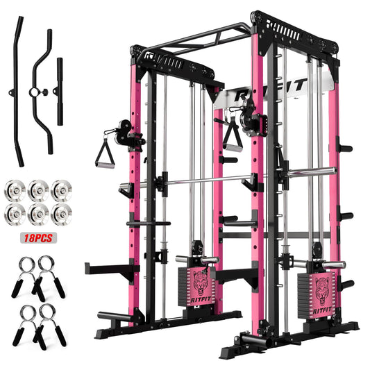 RitFit M1 Pro Smith Machine Package, All-in-One Power Cage with Weight Stack Set, Includes LAT Pulldown & Cable Crossover System for Home Gym
