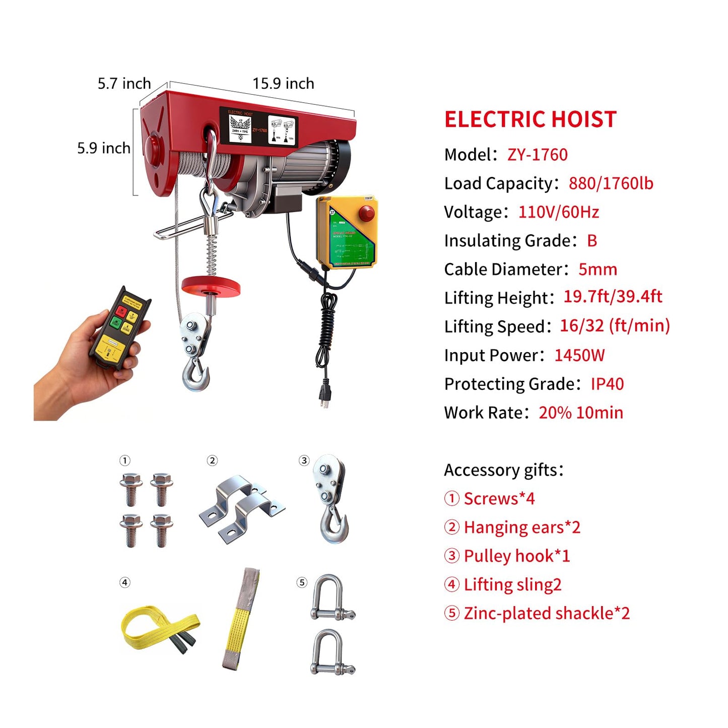 ZHAN · YING Electric Hoist, 1760 lbs 110V Electric Winch with 328 ft Wireless Remote Control, 40 ft Single Cable Lifting Height,Lift Hoist for Factories, Warehouses, Construction Site, Attic