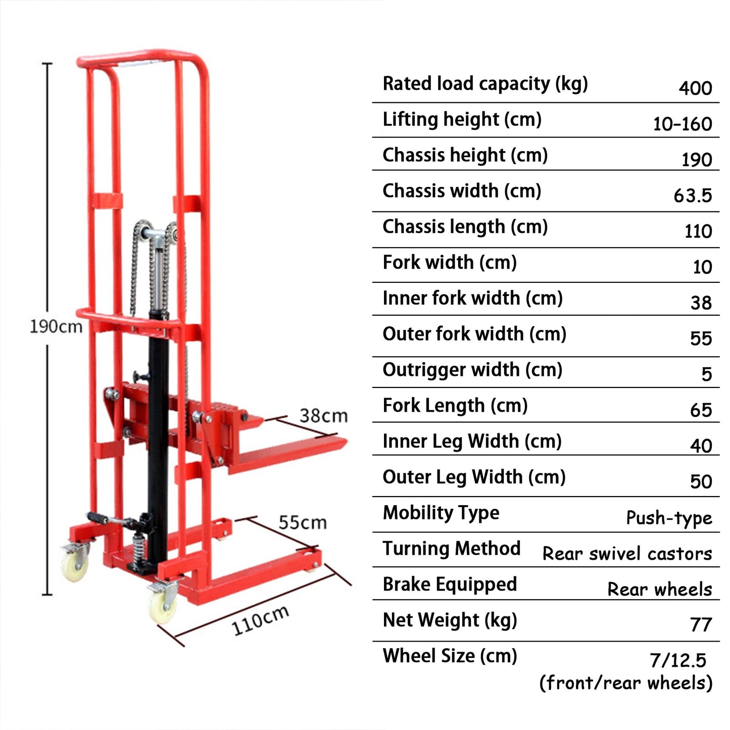Hydraulic Manual Pallet Truck Maximum 400 kg - Stacker for Warehouse and Workshop, High Load Capacity, for Warehouse and Workshop(Raise by 160 cm)