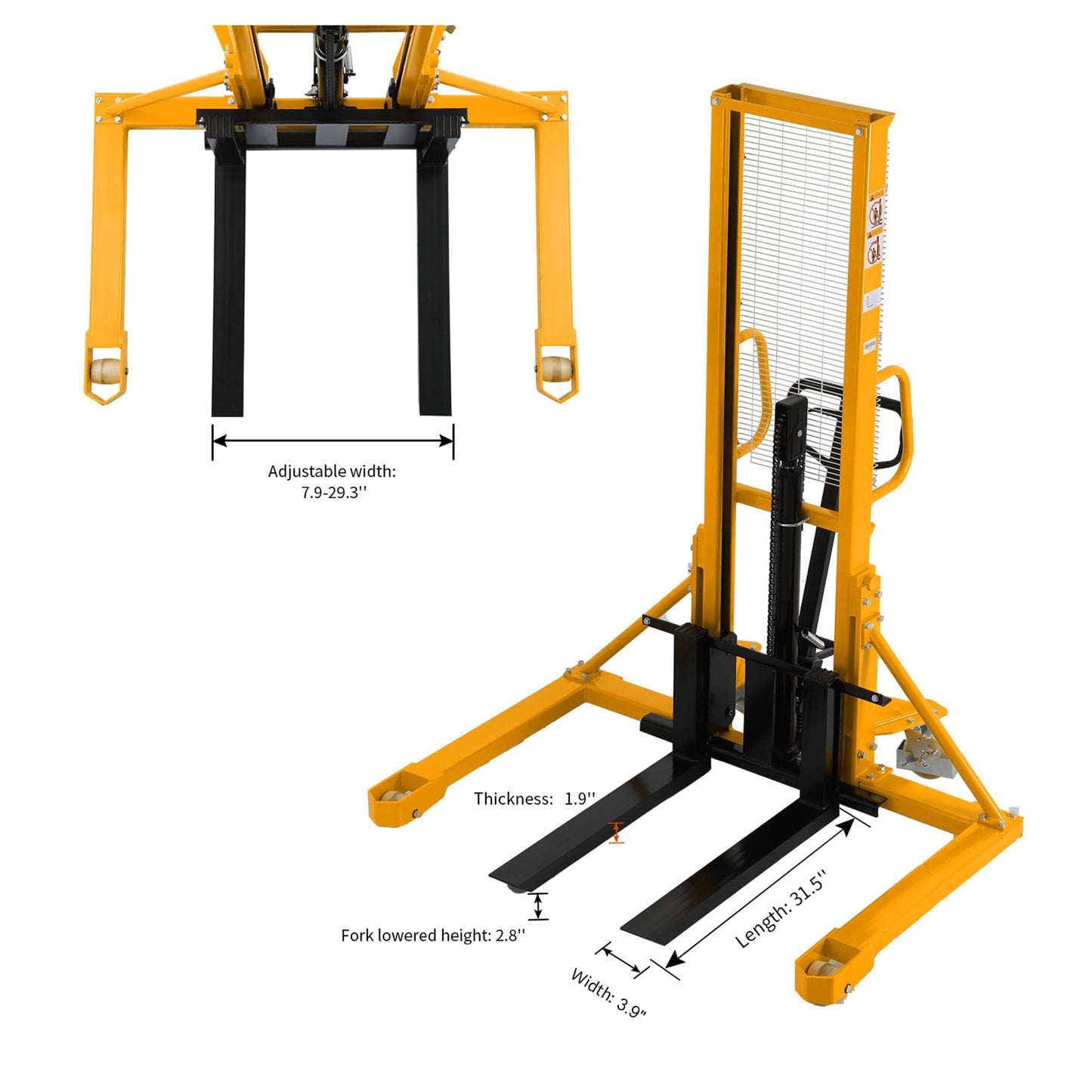 Aequanta Straddle Legs Manual Pallet Forklift Hand Pallet Stacker 1100lbs Capacity 63" Lifting Height with Adjustable Fork