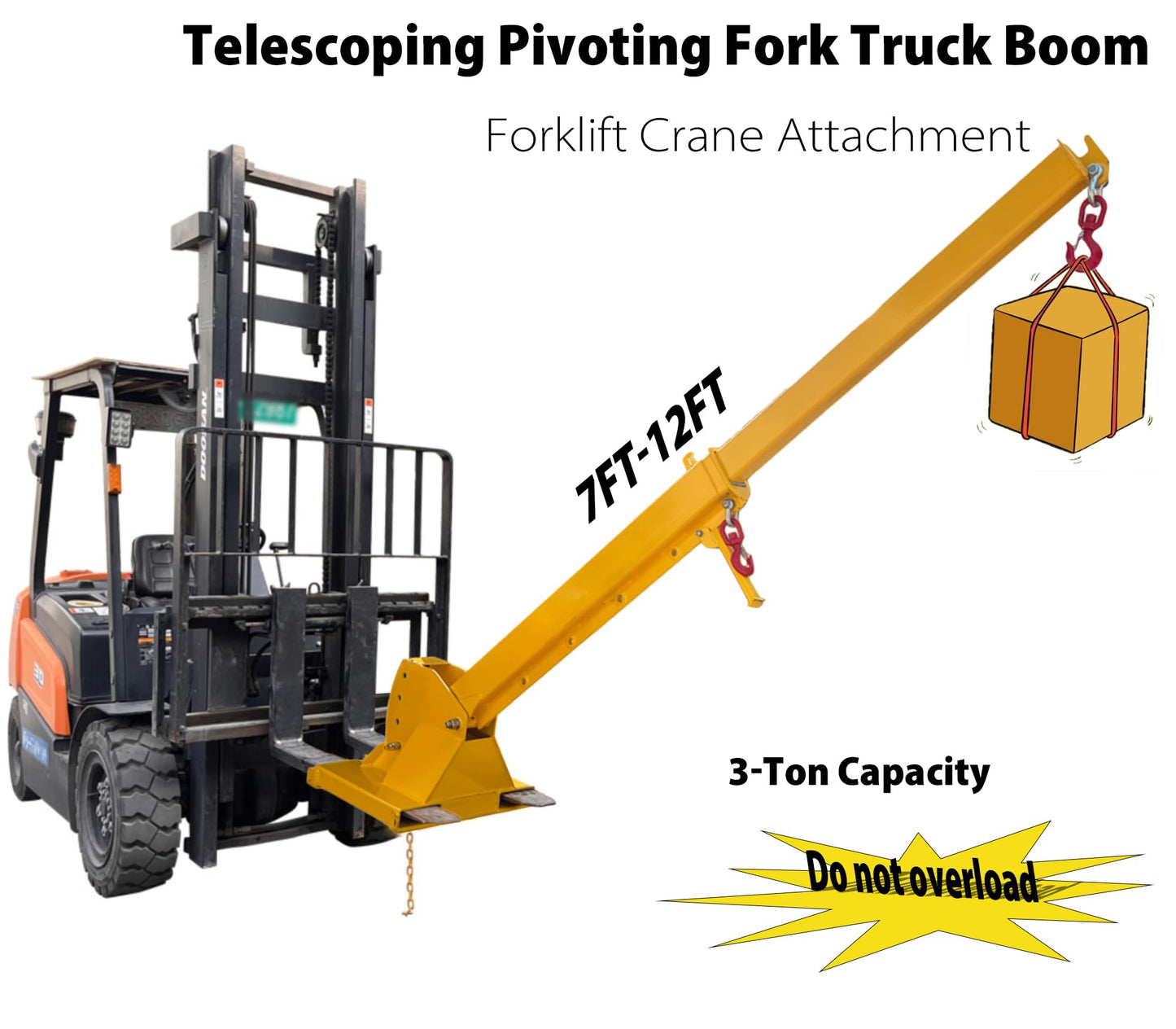 IntXanth 6600Lbs Telescopic Pivoting Fork Lift Booms with 2 Hooks, 4 Increasing Angles, Forklift Boom Extension to 12', Telescoping Forklift Boom Attachment