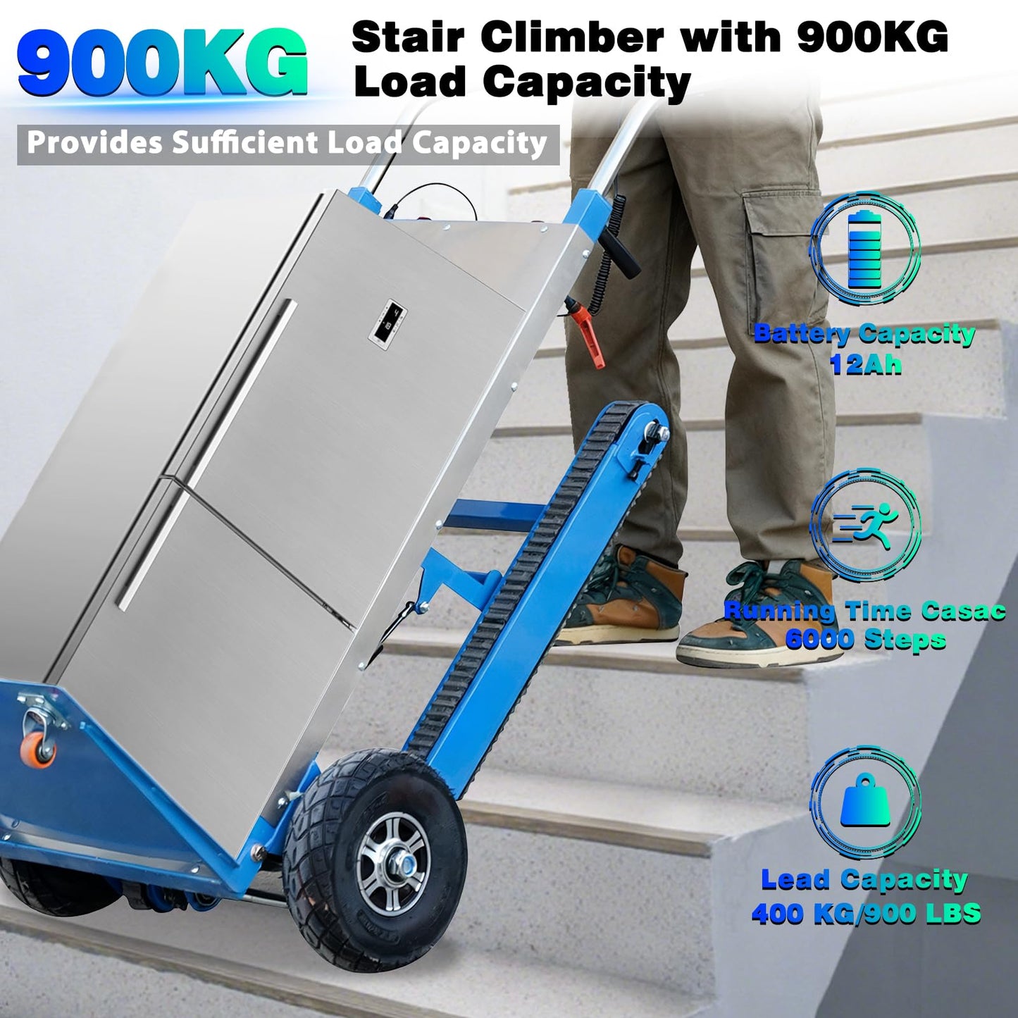 Electric Stair Climbing Dolly, 1250W Electric Stair Climbing Hand Truck, 900lbs Max Load Capacity, 3 Mode Folding Stair Climber Hand Truck with Telescopic Handle for Moving (Blue/Big Wheel)