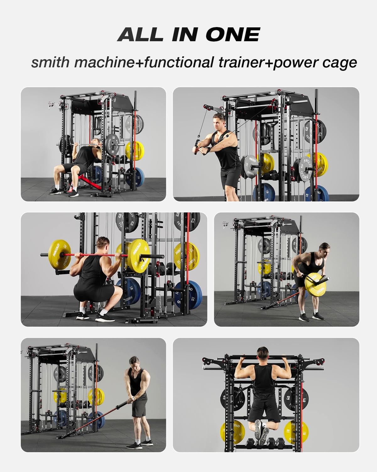 Mikolo Smith Machine, Multi-Function Power Cage with Dual Pulley System, Vertical Leg Press Attachment, Squat Rack Power Rack with More Training Attachment for Home Gym (M7BENCHR)