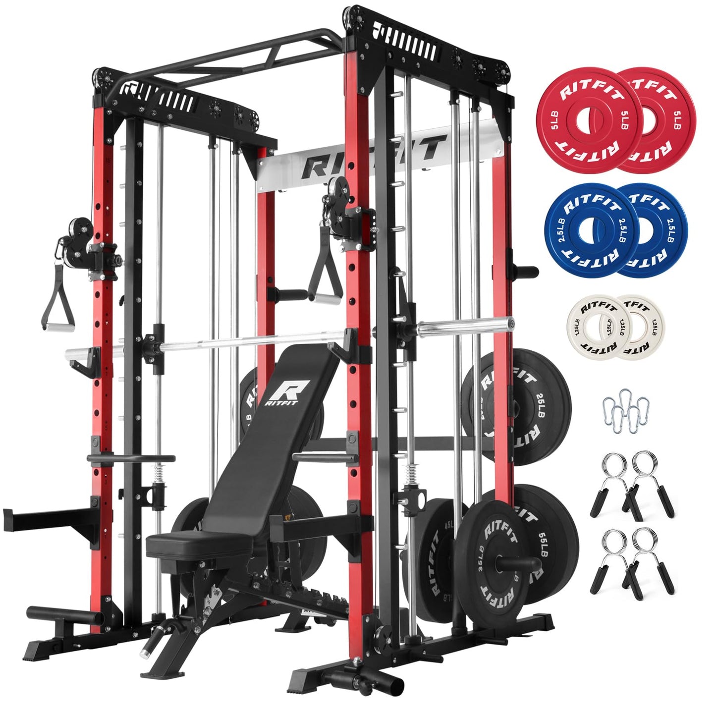 RitFit M1 Pro SmithMachine with Cable Crossover System, Multi-Function Squat Rack Power Cage for Home Gym, Power Rack and Packages Red（bp370 Package）