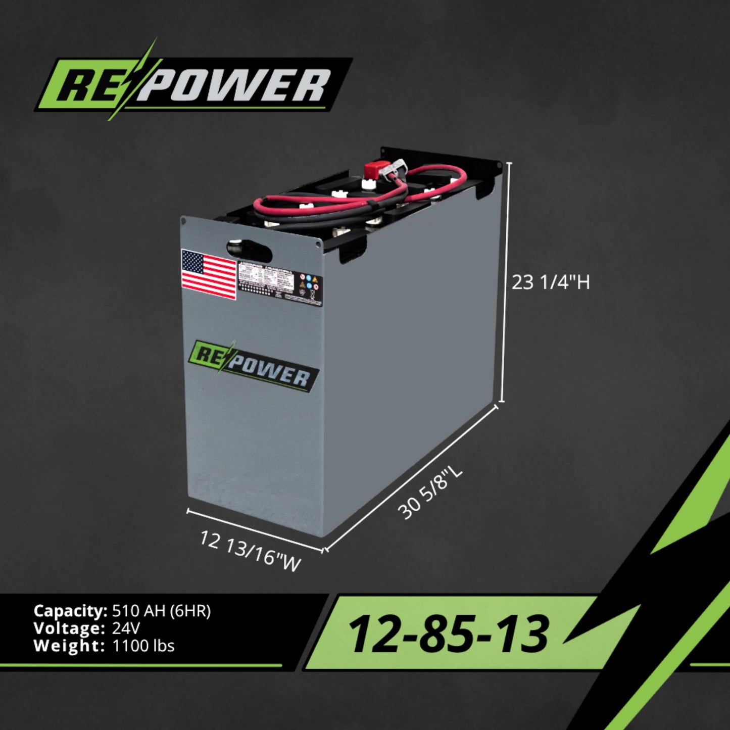 Repower - 24V Forklift Battery - Reconditioned Lead Acid for Electric Forklifts - Heavy Duty Industrial Power - 12-85-13 Series 38x12 - Warehouse Equipment - Compatible with Systems