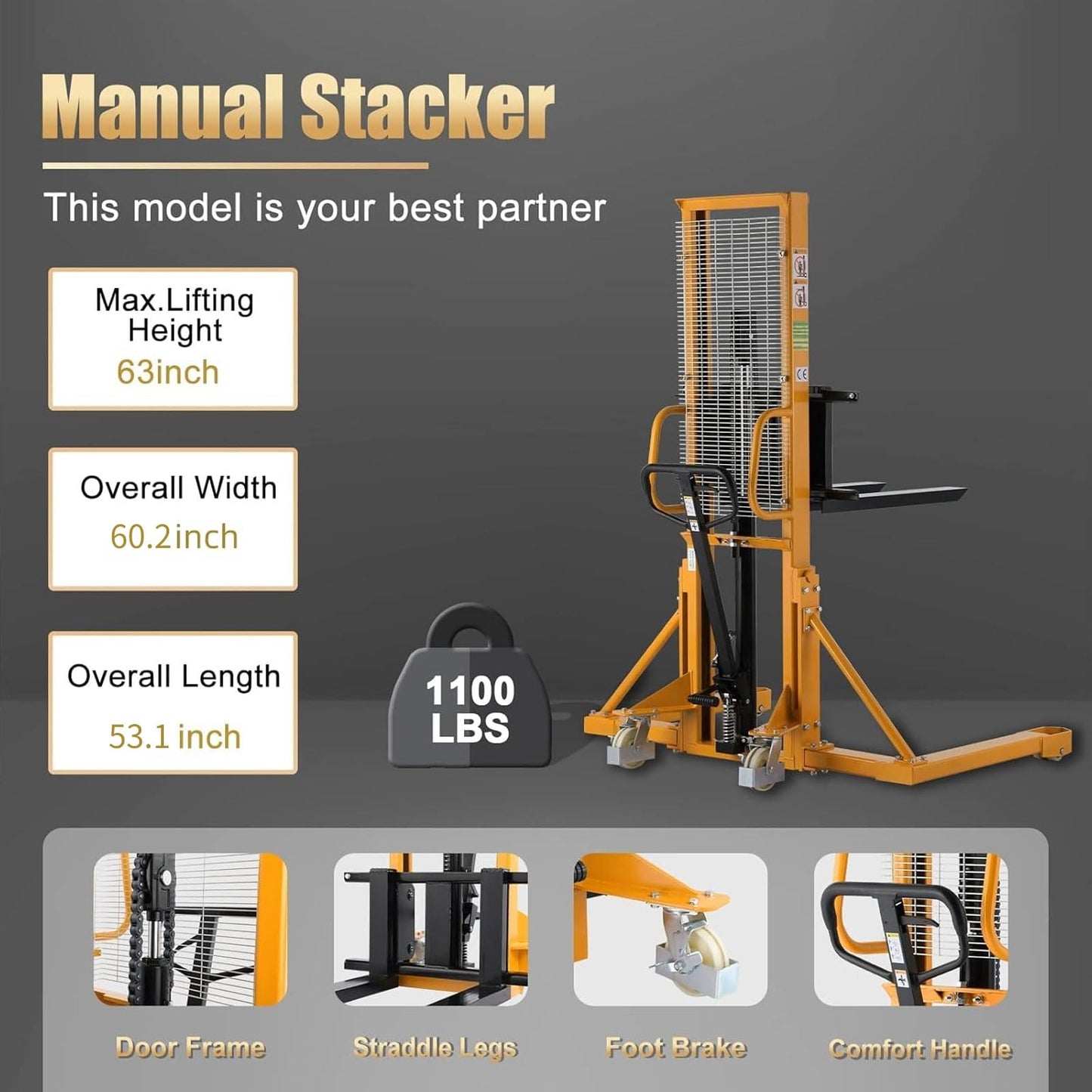 Aequanta Straddle Legs Manual Pallet Forklift Hand Pallet Stacker 1100lbs Capacity 63" Lifting Height with Adjustable Fork