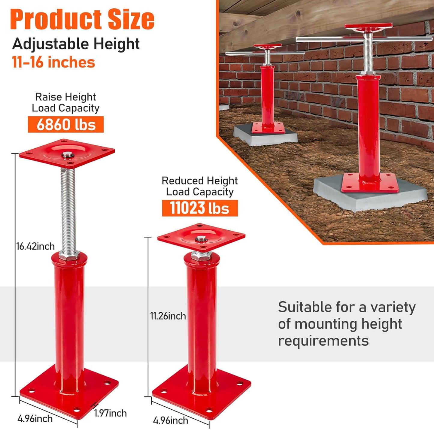 4 Pack House Jacks for Leveling Crawlspace, 11" - 16" Height Range, 11023 lbs Max Load Capacity, House Floor Jacks Post Pole for Leveling