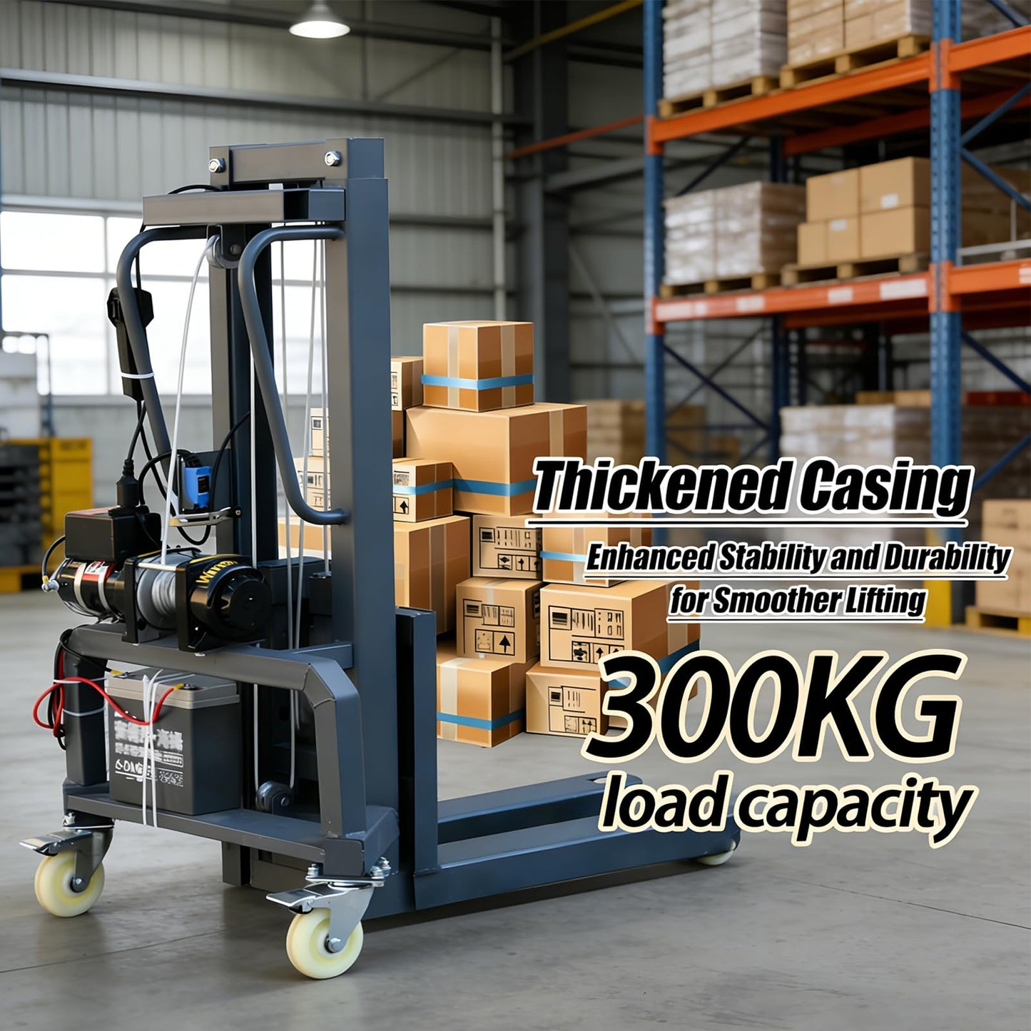 Electric Pallet Stacker with Adjustable Forks 661 lb Capacity Manual Forklift Truck Mobile Forks Fit Various Pallet Sizes for Industrial Warehouse (1.6m/5.2ft Lifting Height)