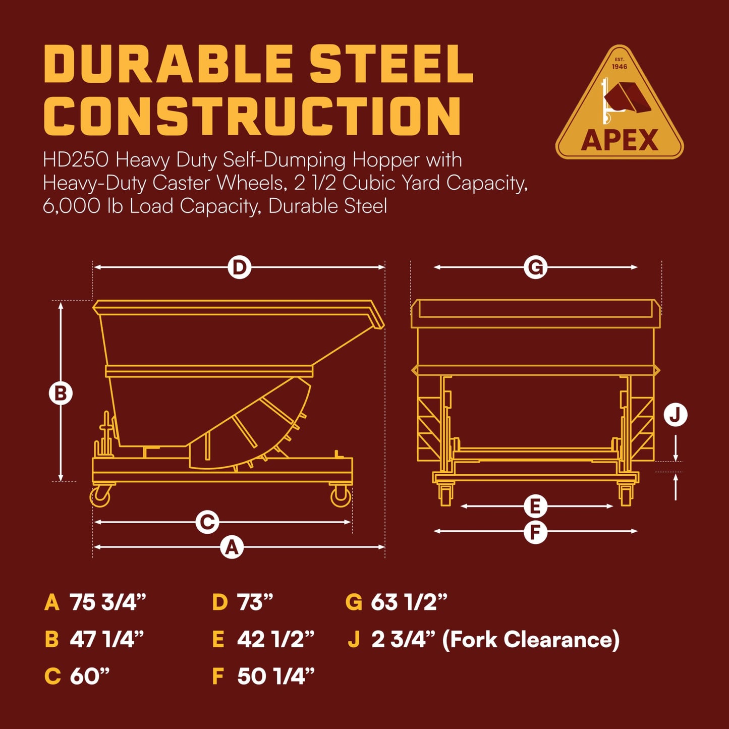 Apex Heavy Duty Self-Dumping Hopper with Casters, 2 1/2 Cubic Yard Capacity, 6000 lb Load Capacity, Durable Steel Construction, Commercial and Industrial Use, Made in The USA (2 1/2 Cubic Yard)