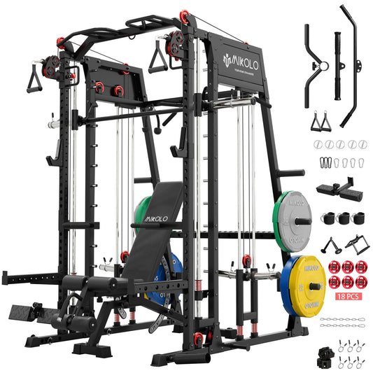 Mikolo M4 2.0 Ultra Smith Machine with Aluminum Pulles, All-in-One Home Gym Power Cage with Lat Pulldown & Cable Crossover, Squat Rack for Full Body Workouts (Black with 230LB Colored Weights Package)