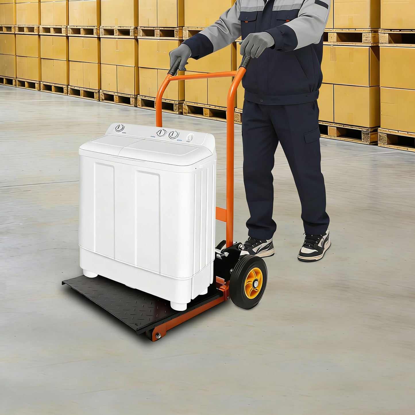 450lbs Hydraulic Material Lift Dolly Winch Stacker Pallet Jack Stacker Truck Forklift w/ 360°Rotating Casters + Lifting Plate,for Workshops, Warehouses, Factories,Height Adjustable 0-36 Inch