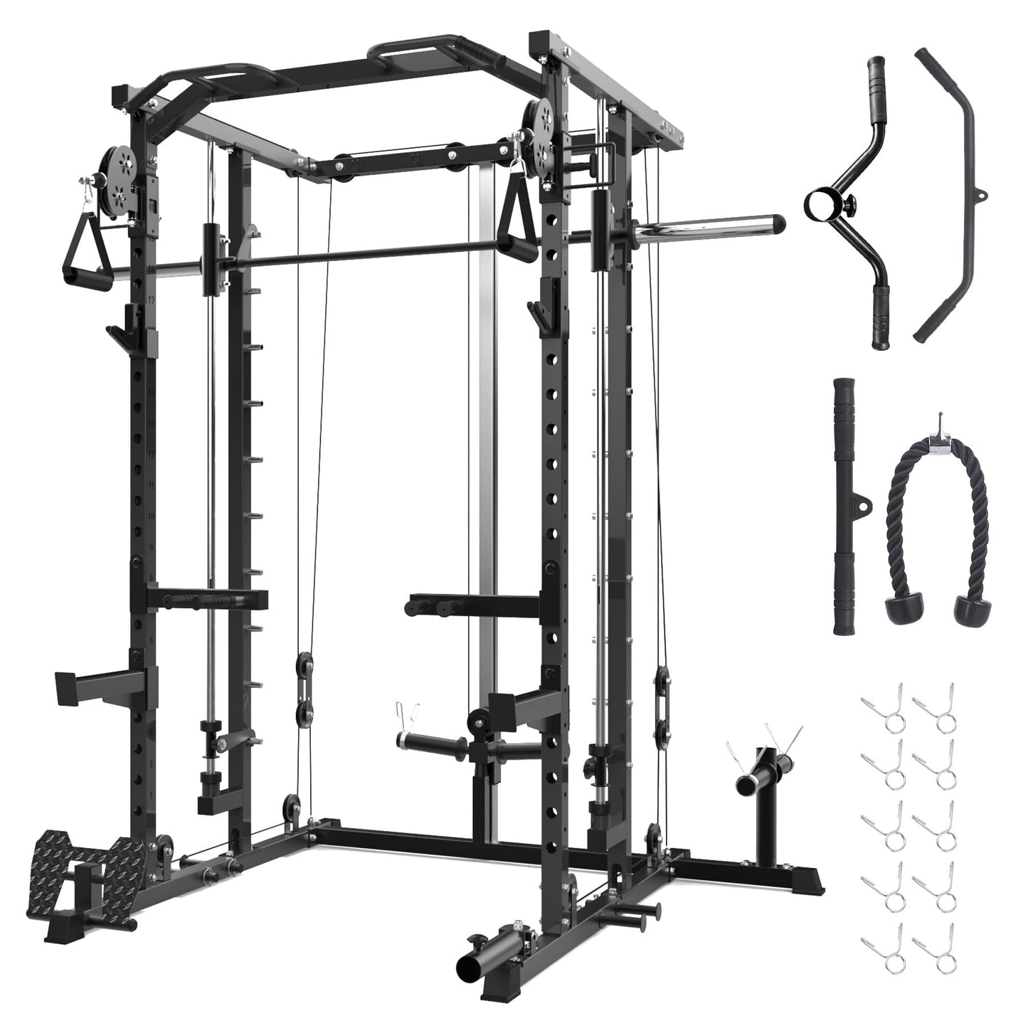 GAOMON Smith Machine Squat Rack, Heavy Duty Strength Training Power Cage with Pulley System, Dip Bar, LAT Pulldown, Multifunctional Workout Machine for Home Gym, Studio, Black