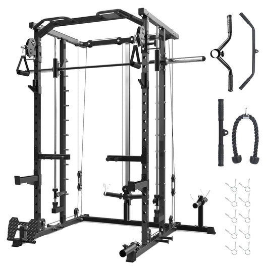 GAOMON Smith Machine Squat Rack, Heavy Duty Strength Training Power Cage with Pulley System, Dip Bar, LAT Pulldown, Multifunctional Workout Machine for Home Gym, Studio, Black