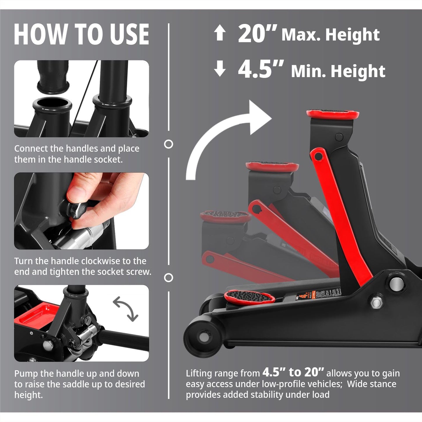 DNA Motoring Floor Jack 4 Ton (8000 lbs) Capacity, Fast Lift Low Profile Hydraulic Trolley Jack, Steel Heavy-Duty Service Car Jack, Lifting Range 4.5"-20", Black, TOOLS-00308-BK