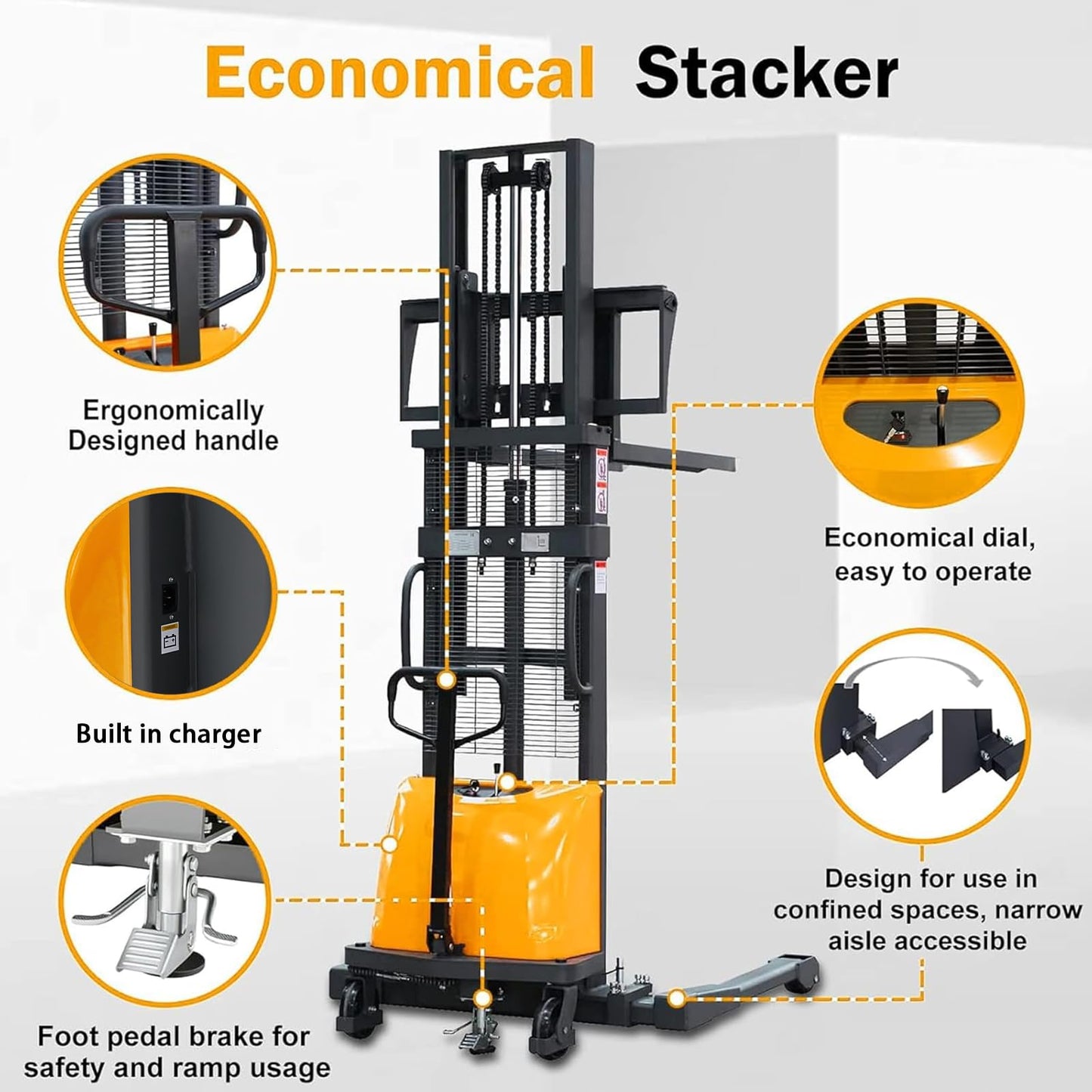 ToryCarrier Semi Electric Pallet Stacker Forklift with Straddle Legs Adjustable Forks 3300lbs Capacity 118" Lifting Height