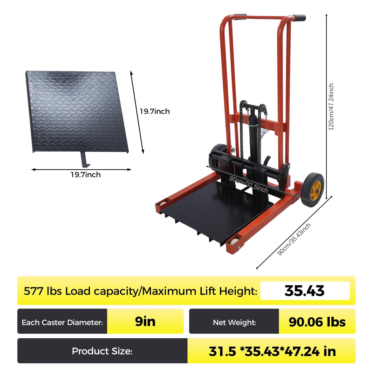 Hydraulic Material Lift Pallet Truck 577 lbs Manual Winch Stacker 35.43" Max Lift Height, Lift Table Cart with 9" Casters
