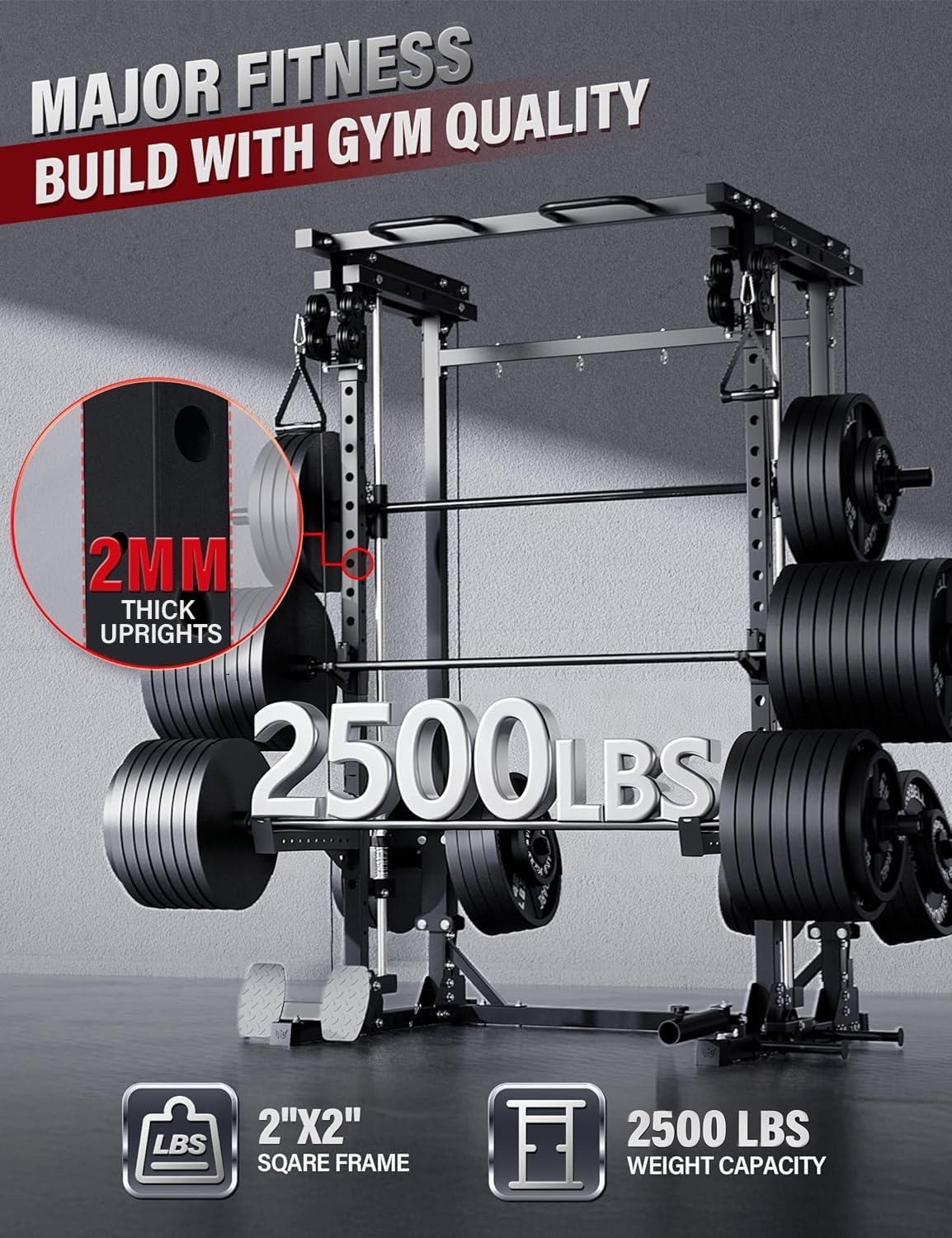 MAJOR FITNESS Drone3 Smith Machine, 2500lbs All-in-One Home Gym Power Rack with Dual Pulley System for Cable Crossover, Pull-Up Bars (D3SMS-BK (with Bench Elite BLK & 230LB BLK BP & Bar))