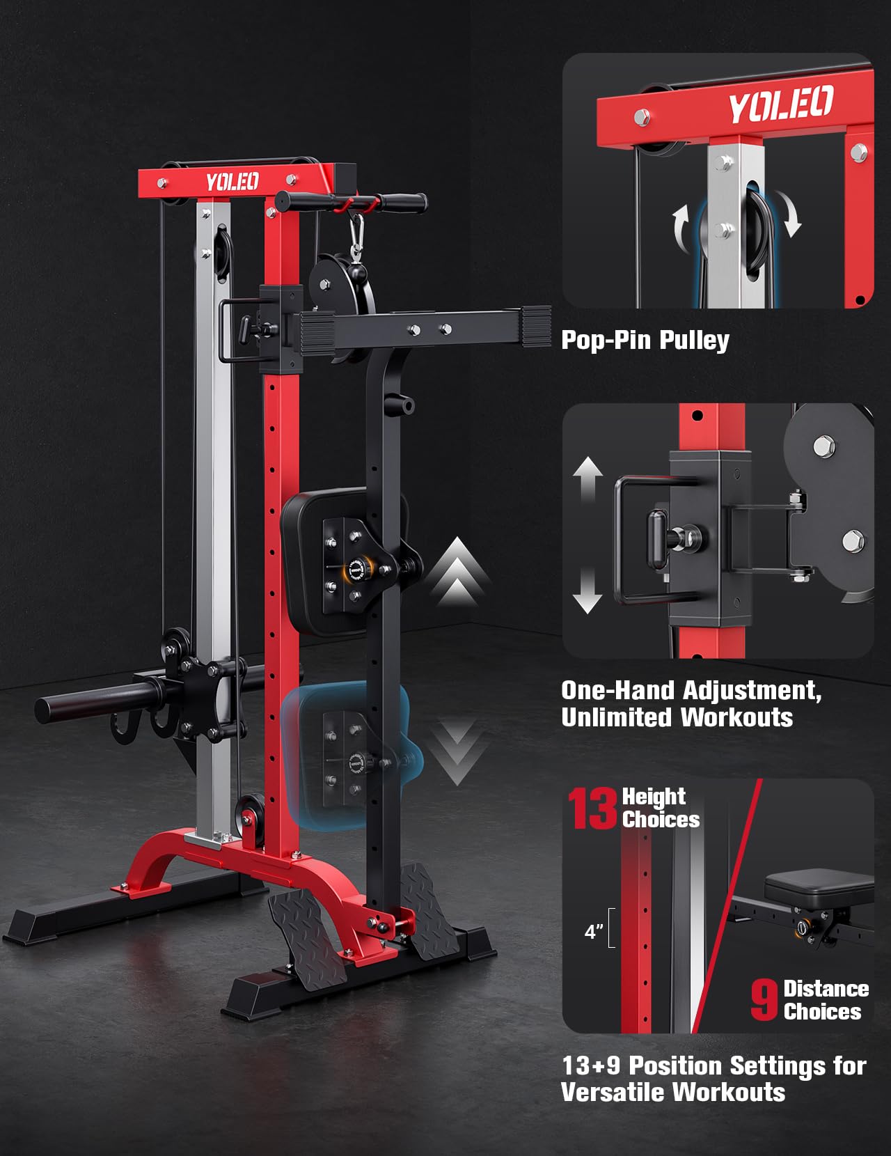 2-in-1 Adjustable Rowing Cable Machine & LAT Pulldown Station for Home Gym, Foldable Space Saver with 6 Attachments, Supports 450 Lbs Weight Plates