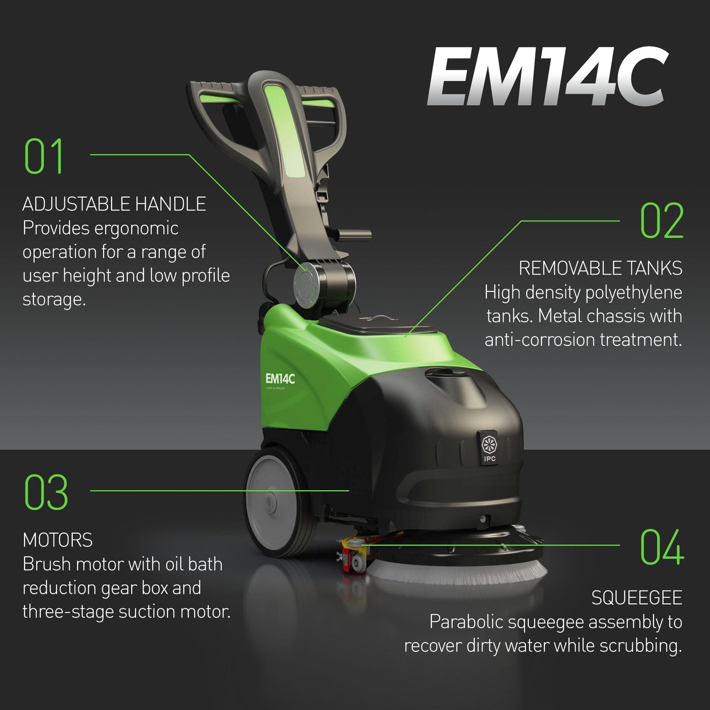 IPC Eagle EM14C Walk Behind Floor Scrubber - 110V-Powered, 14” Cleaning Path, Commercial Auto Scrubber for Tile, Retail, Offices & Tight Spaces
