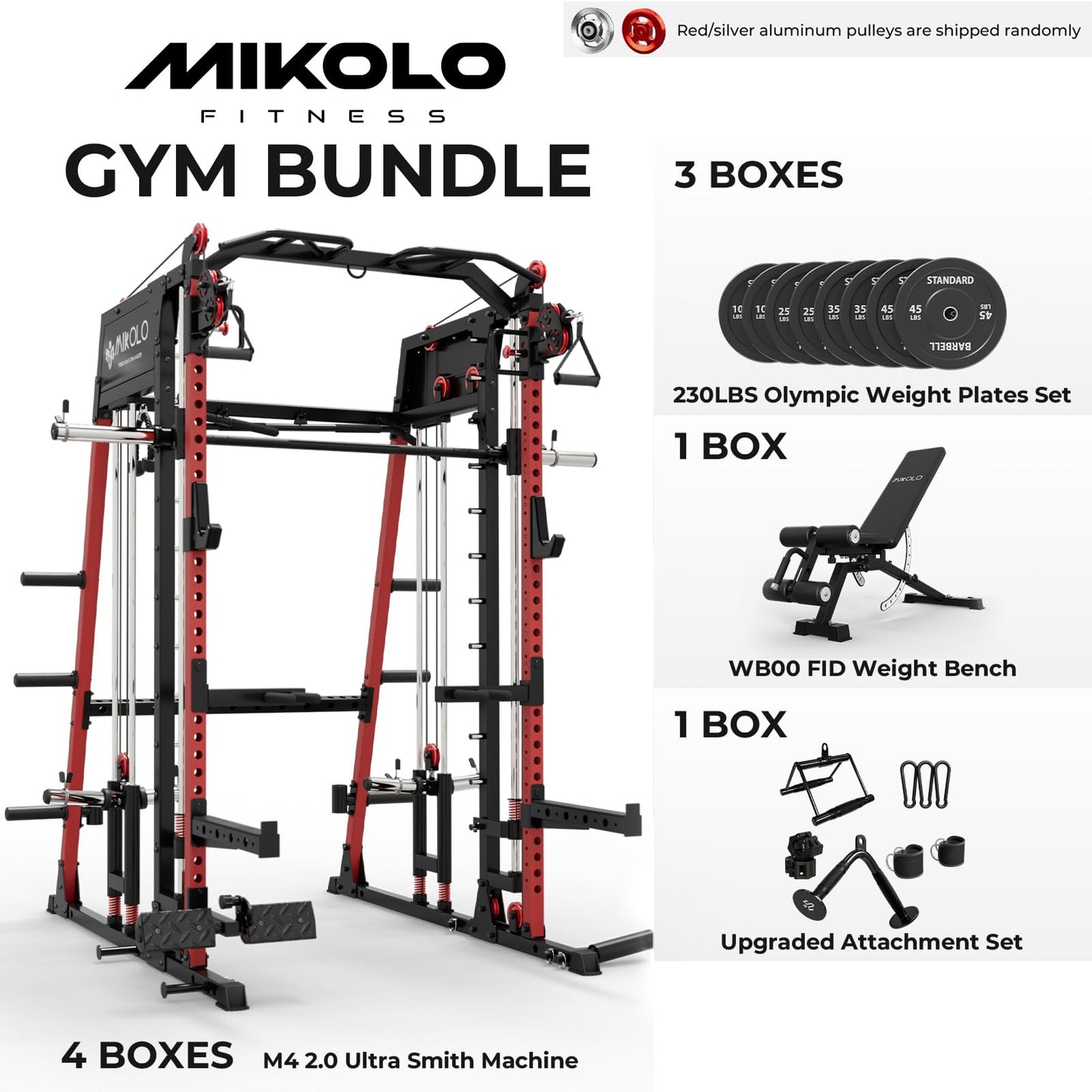 Mikolo M4 2.0 Ultra Smith Machine with 230 lbs Bumper Weight Plates, Multi-Function Squat Rack with LAT-Pull Down System & Cable Crossover Machine, Home Gym Equipment, Red