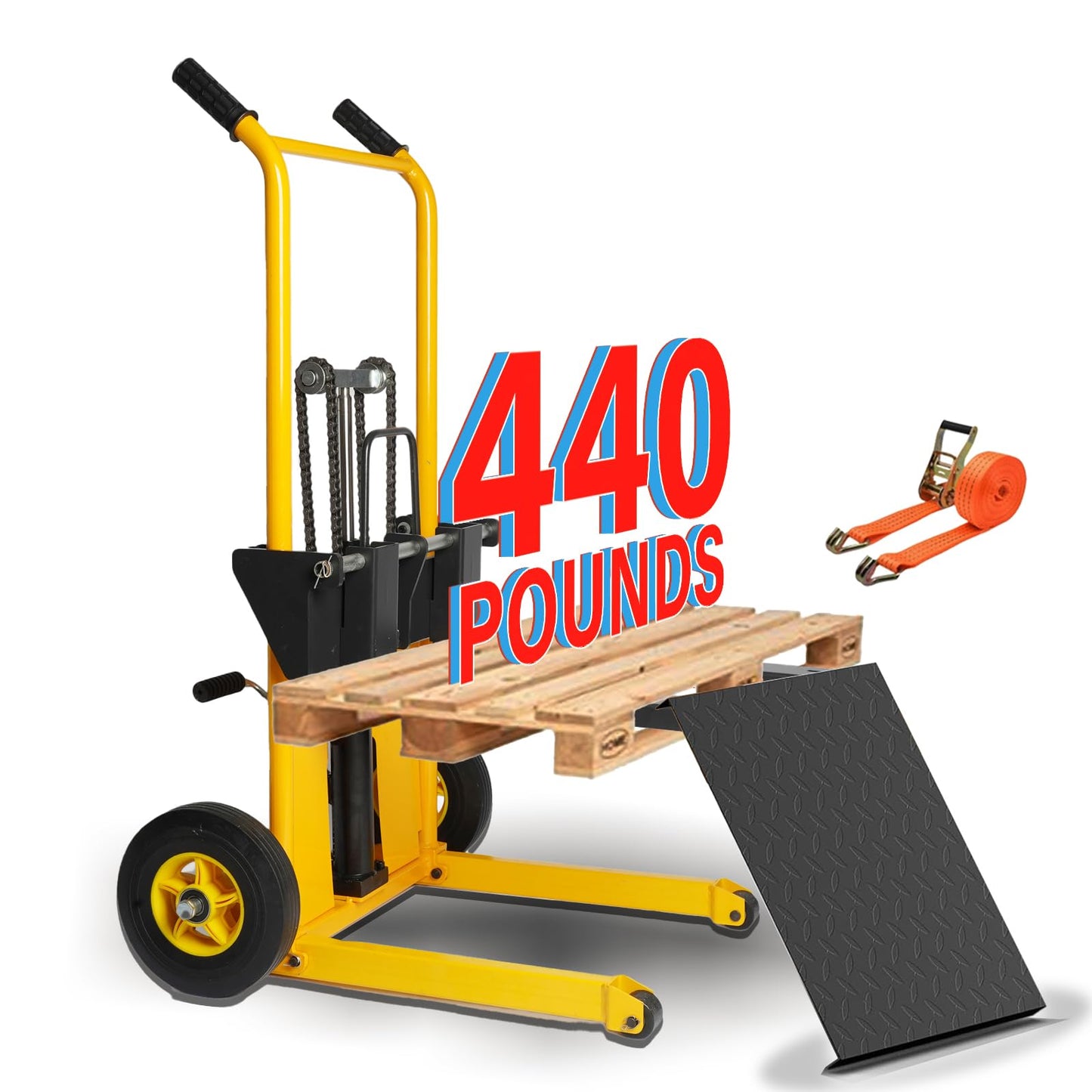 Carrier Material Hand Forklift Pallet Stacker, 440 lb. Capacity, 35 in. Lift Height with Adjustable Forks and Fixed Legs, Material Lifter, with Shelves