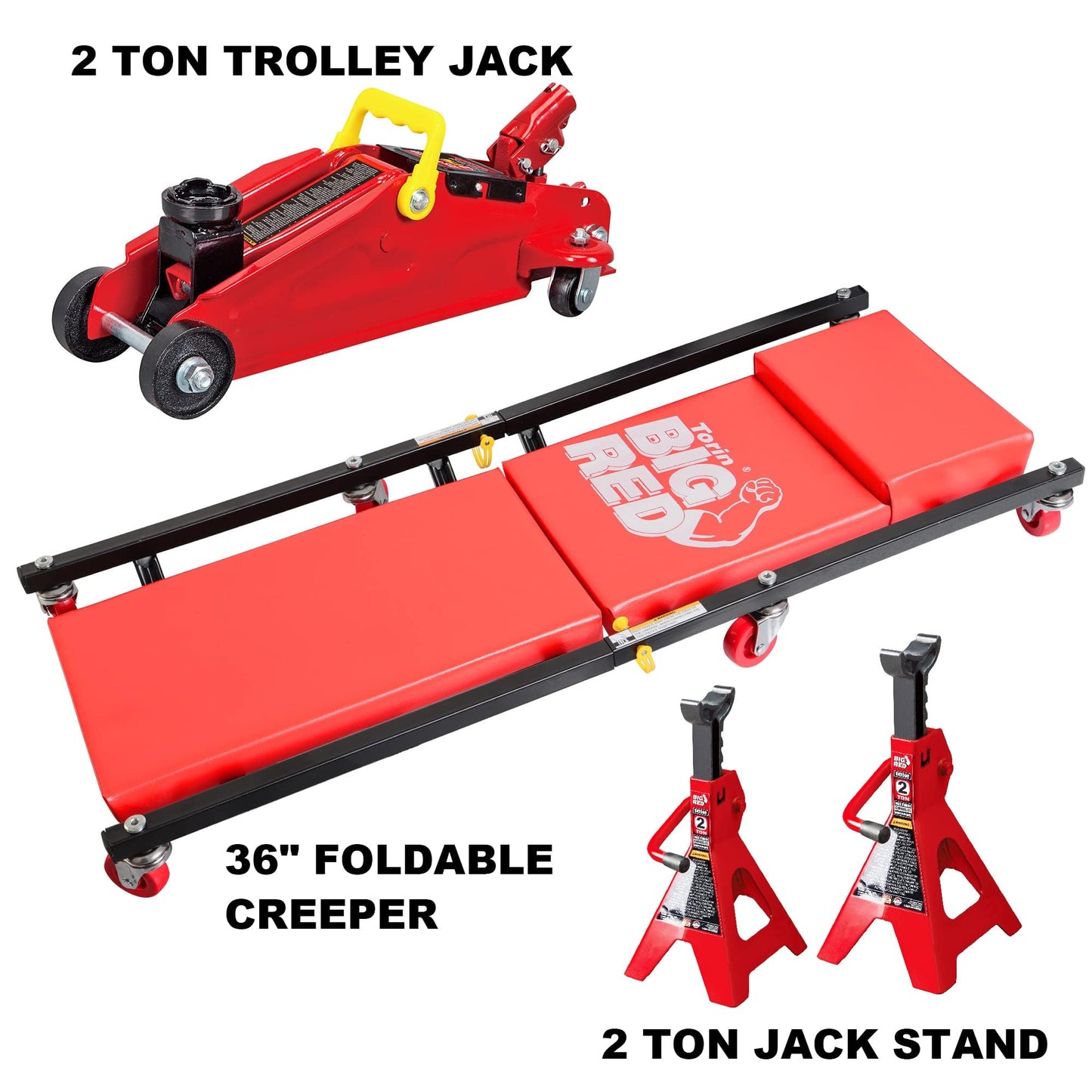 Big RED AT82040R Torin Hydraulic Trolley Floor Service/Floor Combo with 2 Jack Stands and Rolling Garage/Shop Creeper, 2 Ton (4,000 lb) Capacity, Red