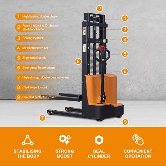 Electric Material Handling Stacker, Pallet Forklift Lift Truck, Battery Powered Stacking Machine, Walk Behind Hydraulic Lift Equipment, Warehouse Handling System