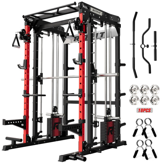 RitFit M2 Smith Machine with with Cable Crossover System, 3D Functional Trainer & Power Cage, 16 Adjustment Holes, 6 Storage Pegs for Full-Body Home Gym(M2 PRO-3D Red)