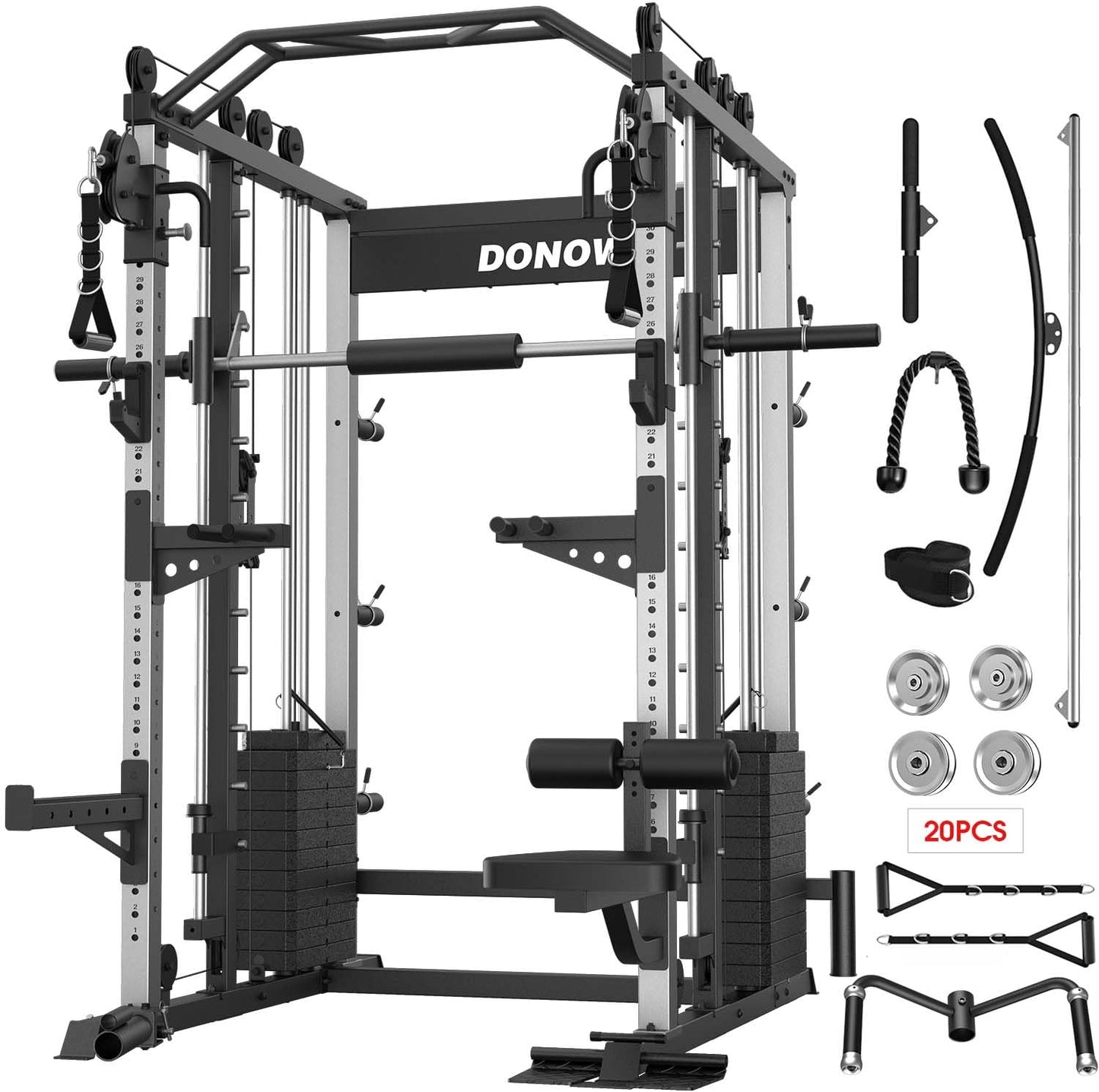 DONOW Smith Machine with Weight Stacks, Heavy Duty Home Gym System Power Cage Cable Crossover Machine Multi-Functional Trainer Ratio 1:1