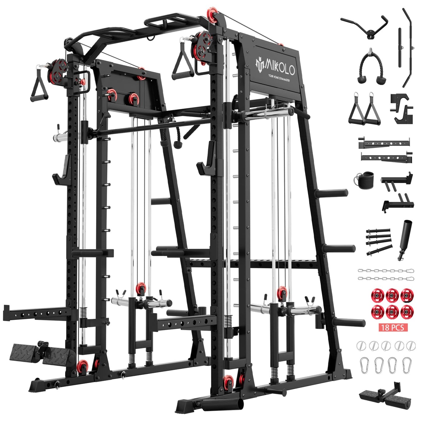 Mikolo M4 2.0 Ultra Smith Machine with Aluminum Pulles, All-in-One Home Gym Power Cage with LAT Pulldown & Cable Crossover, Squat Rack for Full Body Workouts (Black)