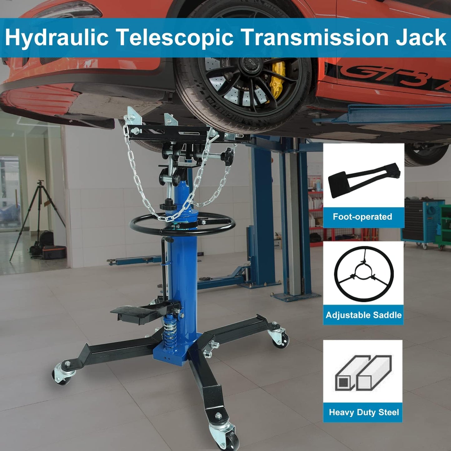 BLACKHORSE-RACING Transmission Jack, 1660lbs / 0.75 Ton 2 Stage Hydraulic Telescopic Jack with Foot Pedal, 35" - 72" Adjustable Height Lift Hoist Heavy Duty