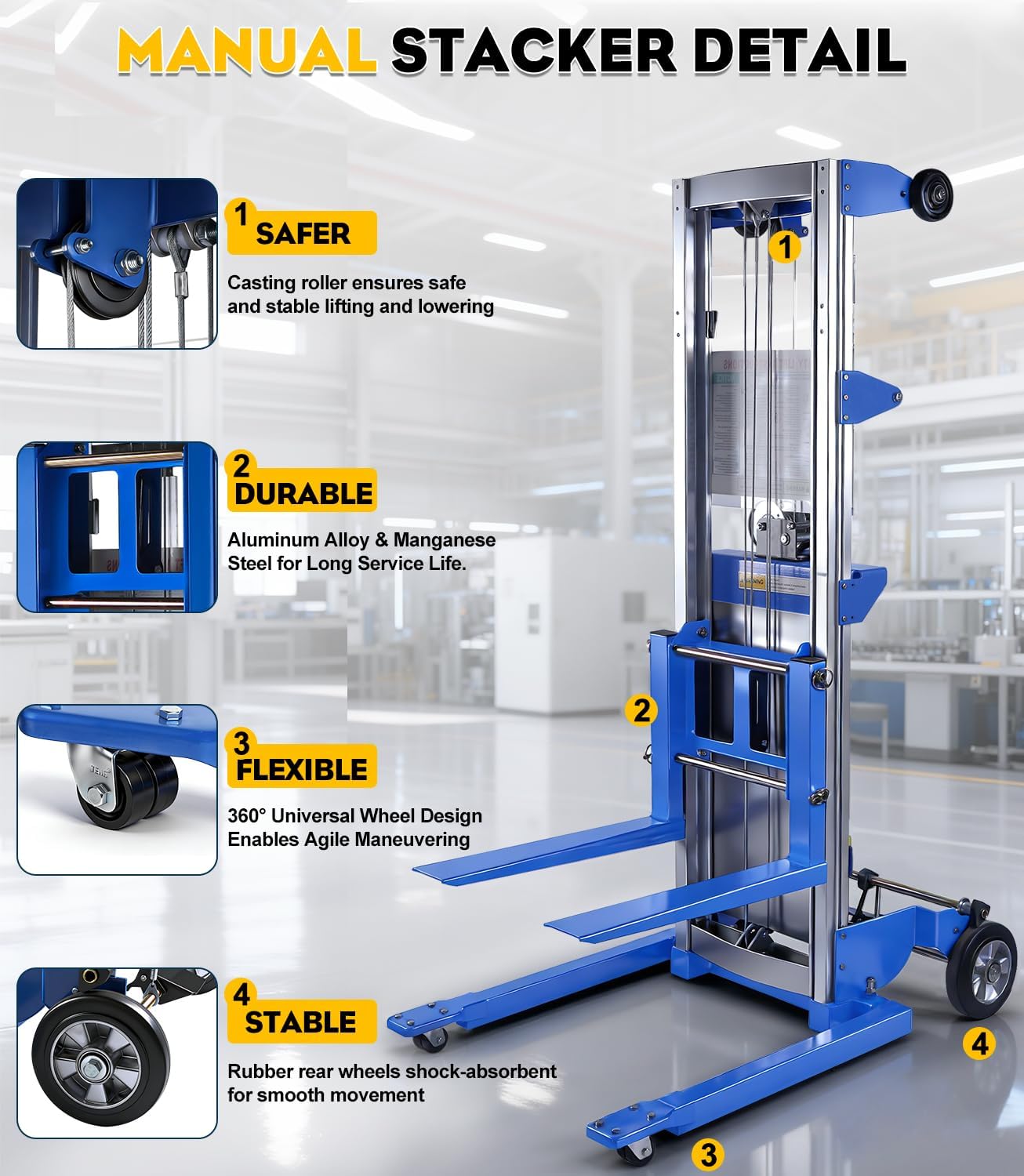 440 lbs Material Lift Winch Stacker, 122" Lift HeightAdjustable Straddle Hand Winch Lift Truck, Material Lifts for Warehouse, Factory, Library, Logistics