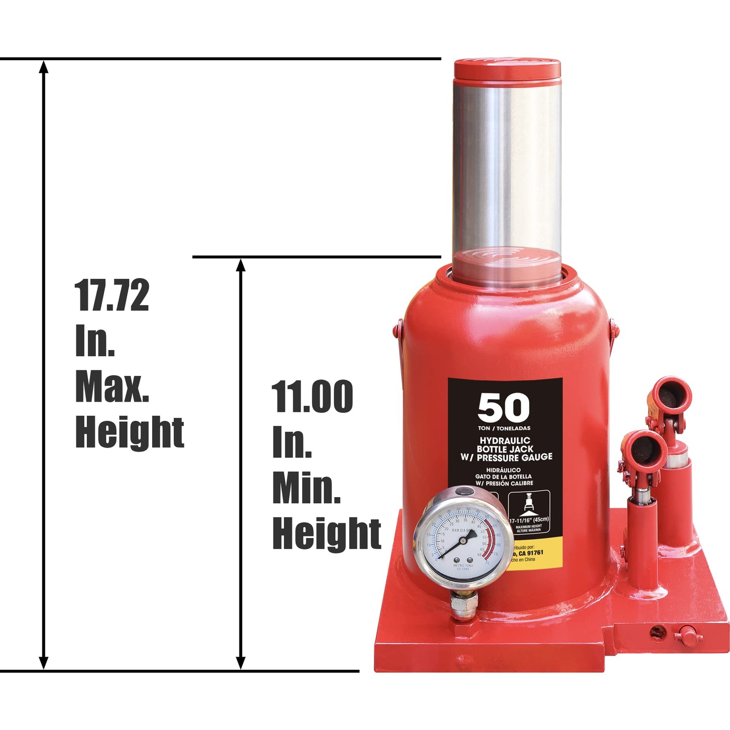 Torin Heavy Duty Professional Double Piston Quick Lift Car Bottle Jack with Gauge and Slow Release for Construction Stabilization,50 Ton (100,000 LBs), Red, ATH950001BB
