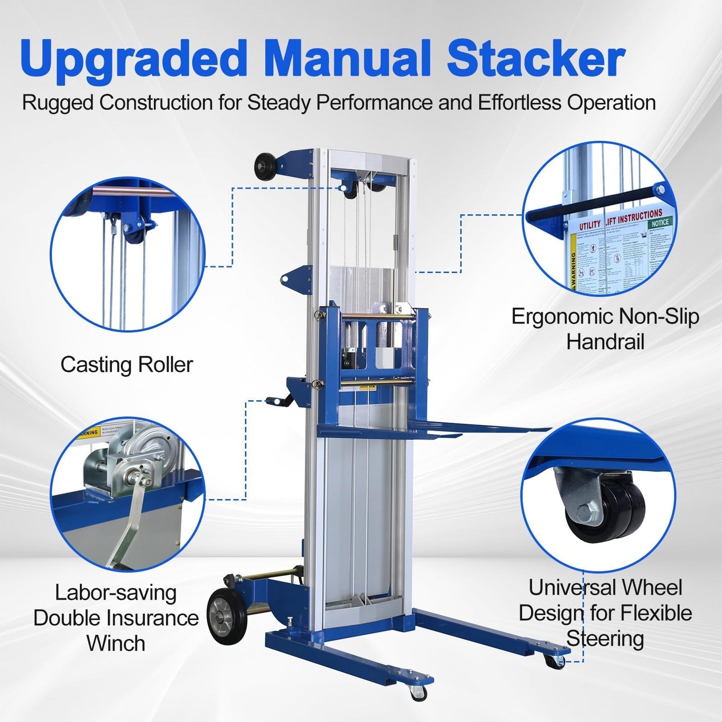 ELOMBR 2PCS Material Lift Winch Stacker, 1.97"-122" Height Range, 400 lbs Capacity, Adjustable Straddle Hand Winch Lift Trucks for Warehouse, Factory, 42.90" L x 43.30" W